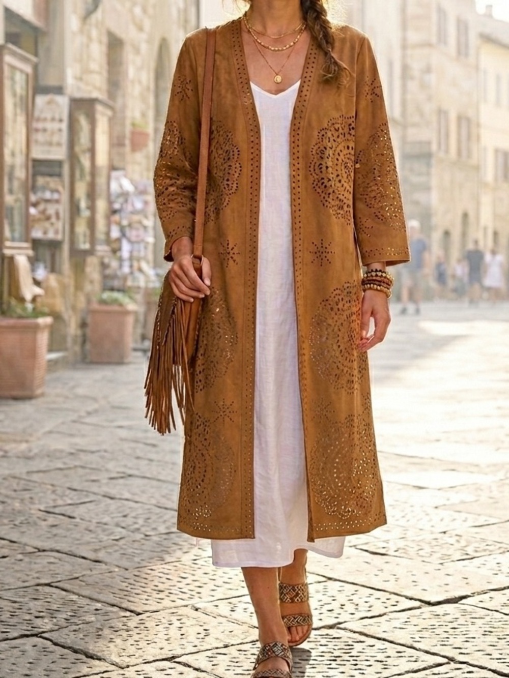 Liv Los Angeles Laser Cut Faux Suede Duster Tan Boho Coastal minimalist L
